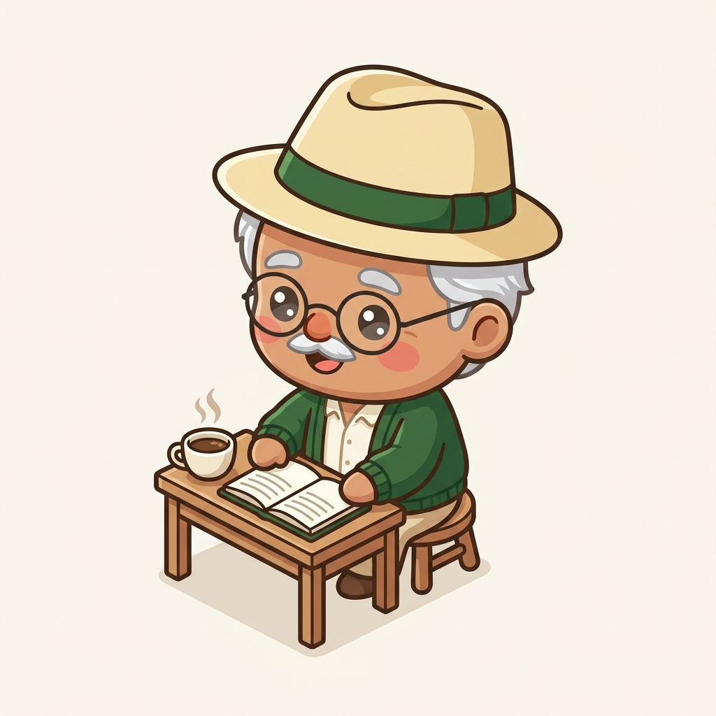 Ilustração do Seu Finâncio sentado em sua escrivaninha com a caderneta aberta e uma xícara de café